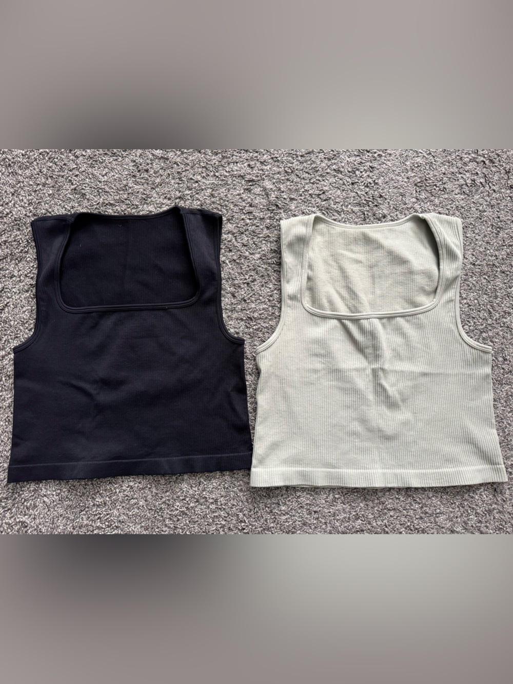 Square Neck Ribbed Tank Tops - Black & Biege